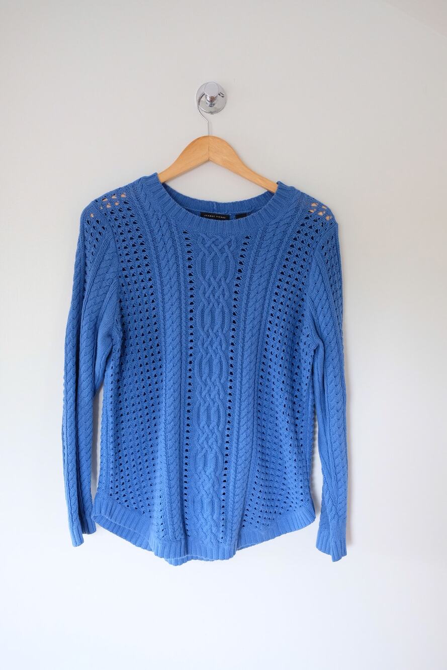 Fisherman Cable Knit Sweater L Cornflower Blue 100% Cotton Cottagecore